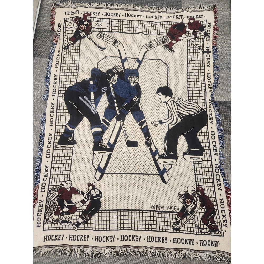 Vintage 1996 Ice Hockey Sports Theme Throw Tapestry Blanket Cream Blue Red